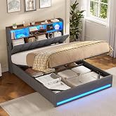AOGLLATI Double Beds 140x190 cm with Hydraulic Storage | 140 x 190 cm Bed with LED and Charging Station, Frame Bed Frame with