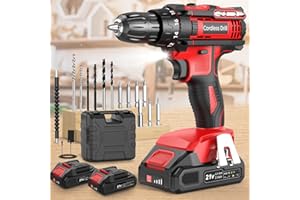 MHPRO Cordless Drill, Power Drill 21V, Electric Drill Set 42N.m with 2 Batteries 2.0Ah, 10mm Chuck, 2 Speeds, 18+1 Torque, LED Light, 14pcs Drill Set for Garden DIY Project, Red