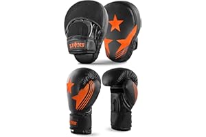 LIONS-BOXING Lions Amateur Fitness Boxing Set Hook & Jab Pads Focus Punch Bag Gloves Target Strike Mitts (Orange Star, 10oz)