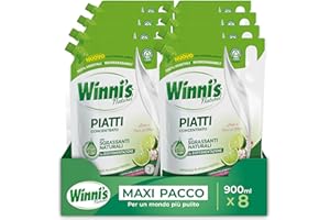 Winni's - Detersivo Piatti e Stoviglie a Mano, Lime e Fiori di Mela, Concentrato, Ipoallergenico, con Sgrassanti Naturali da Biofermentazione, Materie Prime di Origine Vegetale, 900 ml x 8 confezioni