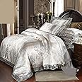 Beyeutao Duvet Cover King Size Lace Elegant Paisley Bedding Damask Fabric Gray Duvet Set Jacquard Duvet Cover Set 3 Piece Bedding Set Duvet Pillowcases. (Gray, King)