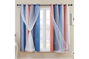 XiDi Tende Oscuranti con Rete 134 cm Drop Hollow Out Star Pattern Mix Bianco Voile Tende Corte Trasparenti con Occhielli per Bambini Camera da letto Preadolescente PinkGreyBlue/132/137/2 IT
