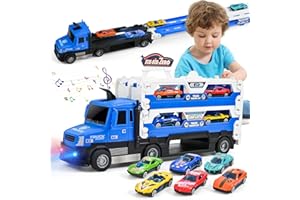 MOONTOY Transporter samochodowy zabawka dla chłopców, 140 cm, składany tor wyścigowy i 6 zabawek do samochodów wyścigowych, zabawka transportowa z oświetleniem i dźwiękami, zabawki do torów