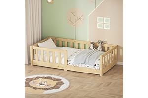 ML DESIGN MODERN LIVING ML-Design Cama de Suelo Infantil 70x140 cm Natural Madera Maciza de Pino con Somier de Láminas y Protección Anticaída Cuna Individual Lecho para Niños y Bebés Mobiliario para Habitación Juvenil