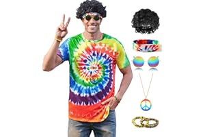 Mainfini Hippie Kostüm für Herren Bunt Shirt 60er 70er Jahre Outfits Zubehör für Erwachsene (S-XXL)