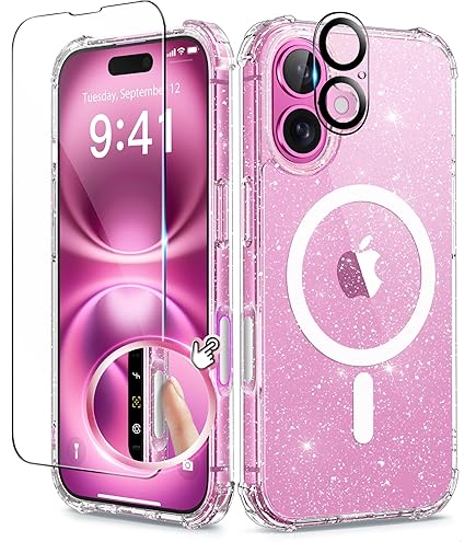 Newseego For IPhone 16 Pro Magnetic Case, Luxury Sparkle Bling Glitter Clear Case For Women Girls Men Full Body Drop Protection Bumper Shockproof Cover For IPhone 16 Pro-Pink