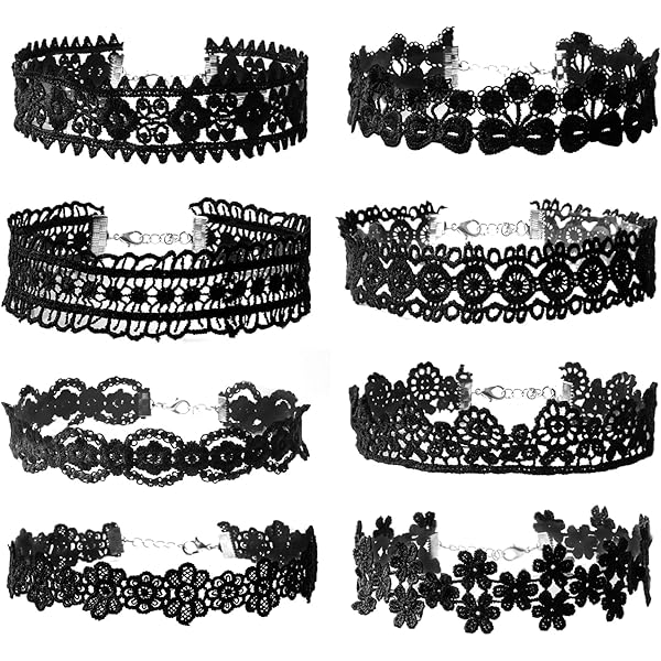 Lot De 3 Colliers Ras-de-cou En Dentelle Noire - Style Gothique, Steampunk, Lolita - Chaîne Réglable - Pour Cosplay, Soirées, Halloween - 12