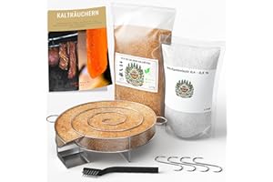 ‎GRILL'N CHIPS Kaltrauchgenerator/Räucherschnecke + 1,2 kg Räuchermehl Buche + 1 kg Nitritpökelsalz + 4 Haken & Bürste – Kalträucher-Set aus Edelstahl für Fleisch, Fisch, Speck, Wurst – Inkl. Gratis PDF-Ratgeber