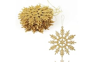 SULOLI 12pcs Pendentif de Noël Flocon de Neige，10cm Décorations à Suspendre avec Flocon de Neige Ornements Sapin de Noël Décorations de Noël (Or)