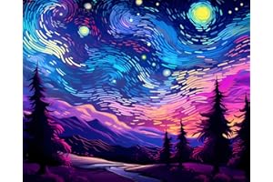 TISHIRON Malowanie według liczb, widok nocny z gwiaździstym niebem, obraz olejny "zrób to sam", zestaw z 3 pędzlami i pigmentem akrylowym dla kobiet, dekoracja domu, prezent na urodziny, Boże