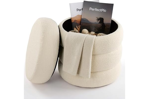 Arebos Sittpuff med förvaring Ø42 cm | Bouclé | 120 kg | Rund sittpuff med avtagbart lock, mjukt bouclétyg och praktiskt dolt förvaringsutrymme
