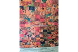 Sophia-Art Indian Hand Block Print Patch Work Kantha Quilt Blanket Bedspread Throw Hippie Ethnic Rallies Bohemian Cotton Sari Bed Cover (Orange Patchwork, 90" X 108")