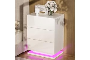 Chleby Moderna Mesita de Noche de Alto Brillo, Mesita de Noche con Tira LED Blanco Mesillas de Noche con 3 cajones para Dormitorio, Sala de Estar