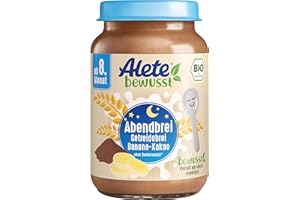 ‎ALETE Alete bewusst BIO-Abendbrei Getreidebrei Banane-Kakao, ab dem 8. Monat, Babybrei mit Kakaopulver & Banane zum Löffeln, Bio Babynahrung aus dem Glas, 6 x 190 g