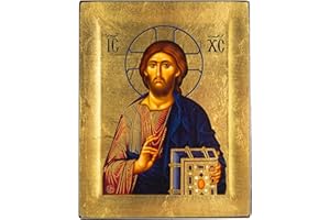 VATOPEDI MONASTERY Jesus Christ 13th-century Embossed Wooden Icon on Canvas with Golden Background from Mount Athos (19 x 15 cm)