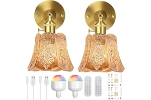 SERBASIC Vintage Battery Operated Wall Lights Set of 2,Rechargeable Wall Light Indoor with Bulbs and Remote,3 Color Temperature&12RGB Wireless Wall Sconces for Living Room Bedroom Hallway