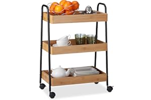 Relaxdays Bamboo Serving Cart, 3 Tiers, 360° Rotating Wheels, Handles, Steel Frame, Engineered Wood, Natural/Black, H x W x D: app. 70 x 49.5 x 28 cm