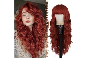 ‎BARSDAR BARSDAR Lange Gewellte Kupfer Rot Perücke mit Pony, 66cm Lange Gewellt Rot Perücke mit Pony für Frauen Natürliches Aussehen Synthetische Haar Perücken Täglich Cosplay Party Halloween