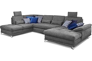 ‎CAVADORE Cavadore Wohnlandschaft Castiel mit Federkern / Großes U-Form-Sofa mit Schlaffunktion, Bettkasten, Sitztiefenverstellung und Kopfstützen / 368 x 114 x 232 / Webstoff, Grau