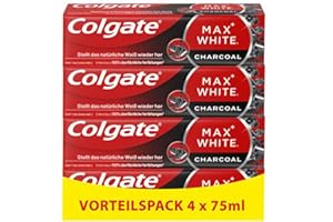 ‎COLGATE Colgate Max White Charcoal Toothpaste, 4 x 75 ml, with Activated Carbon, Toothpaste Removes up to 100% of Superficial Discolouration, Toothpaste for Whiter Teeth