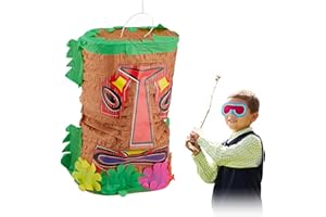 Relaxdays Pignatta Tiki, Pentolaccia da Riempire a Tema Hawaii, da Appendere, Adulti & Bambini, Compleanno, multicolore