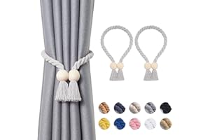 Pretty Jolly Ball magnetische Vorhang-Raffhalter aus Holz, Boho-Dekoration, Raffhalter, natürliche Baumwolle, handgewebt, für Fenstervorhänge für Zuhause und Büro, Hellgrau, 2 Stück