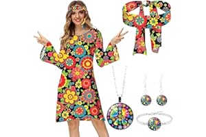 Matreeglam Vestito da Hippie Donna, Set Costume Carnevale Donna Anni 70, Accessorio Donna Costume con Occhiali Vintage, Fascia, Vestito di Paillettes per Festa Hippie