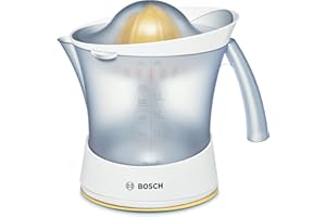 Bosch VitaPress MCP3500N citrus juicer, universal press cone for small and large fruits, pulp control, high juice yield, 0.8 l juice container, dishwasher-safe, 25 W, white/yellow