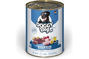 SOUL PET Doggy Dog Paté Bœuf et Dinde, 6 x 800 g, Nourriture Humide pour Chien, sans céréales, avec Huile de Saumon et Moule aux orles Vertes, Aliment Complet avec Pommes de Terre et Tomate, fabriqué en