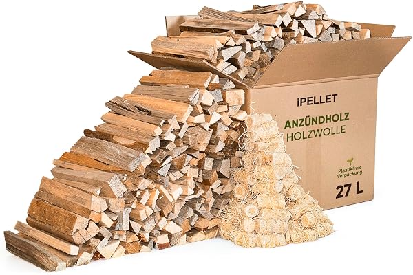 iPELLET Pinförtändningsved - Låda med 27 liter (ungefär 7 kg) med vedtändare i träull - Naturligt produkt - Eldtändare för ugn, grill och eldstad