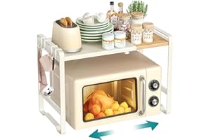 SONGMICS Expandable Microwave Shelf, Microwave Stand, 41.5-64 cm Adjustable Width, Kitchen Storage Rack, Steel and Bamboo, 4 Hooks, Cream White and Light Bamboo KCS060W01