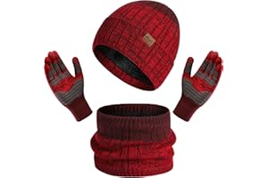 Baynetin Winter Hat Scarf Gloves Set 3pcs- Thermal Warm Knitted Beanie Cap Chunky Circle Scarf Stretchy Touchscreen Gloves Super Soft Fleece Inner Lining for Outdoor Sports Unisex