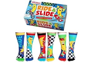 United Oddsocks Ride & Slide, 6 Speedy Banana-Themed Oddsocks Gift Box for Boys – UK 12–5.5, EUR 30.5–38.5, US 13.5–8 – Skateboard & BMX Fun Socks for Kids Who Love to Ride, Skate, and Go Bananas!