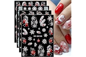 JMEOWIO 3D Noel Stickers Ongles Nail Art, Autocollants Ongles Autoadhésif 5D Deco Ongle Nail Art Design Manucure 4 Feuilles