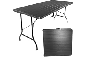 Lemodo Klapptisch in Holzoptik, Balkontisch 152 x 74 cm (L x B), Koffertisch mit Tischplatte aus Kunststoff, Beistelltisch bis zu 100 kg belastbar, Gartentisch in schwarz, robuster Plastiktisch