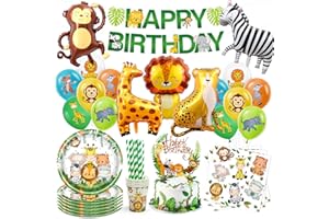 VERLUKY 99 Stück Dschungel Safari Partygeschirr,Dschungel Geburtstag Geschirr für 20 Gäste,Tiere Papier Teller Tassen Servietten Luftballon,Dschungel Tiere Geburtstag Deko für Junge