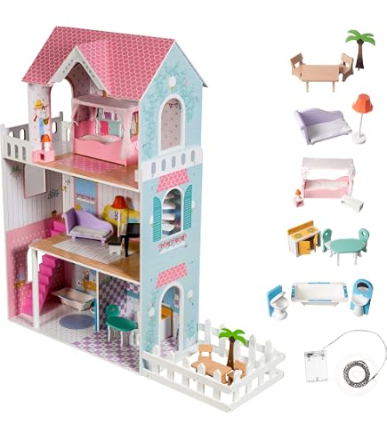 Casa Delle Bambole In Legno Teorema A 3 Piani Con 5 Stanze, Altezza 96 Cm, Completa Di Arredi E Decorazioni - Gioco Per Stimolare La Creatività