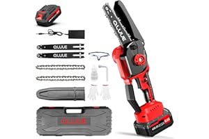 Mini Motosierra a Batería,QLUUE de 6 Pulgadas con Motor de 1150 W, Bloqueo de Seguridad y Múltiples Accesorios. Motosierra Portátil ideal Para Jardinería, Corte de Ramas y Madera