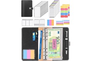 JEJA Agenda con Buste Porta Soldi, A6 PU Raccoglitore soldi di bilancio Con Foglio di Bilancio Delle Spese, Buste Trasparenti a Cerniera, Etichette Colorate (Nero)