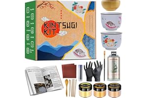 PLEARTY Kintsugi Reparatur Set (Upgraded Resin) Kommt mit zwei Praxis echte Keramik Teetassen komplette DIY Handwerk Kits für Erwachsene Kintsugi Kit Pottery Repair Kit 60g Gold Mica Powder