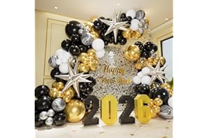 CONLEKE Black and Gold Balloons Garland Arch Kit with Explosion Star Foil Balloons for 2026 New Years Eve Graduation Anniversary Birthday Party Decorations