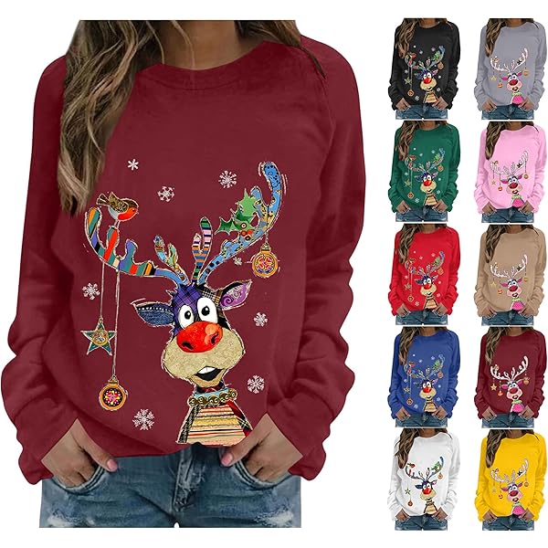 Weihnachtspullover Damen Mit Rentier-Motiv – Lustiger Ugly Christmas Sweater In Rot, Lockere Passform