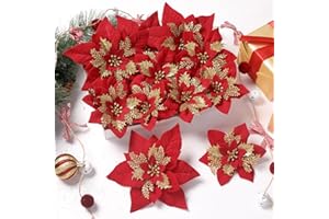 Alupssuc 24 Pieces Artificial Christmas Flowers Decorations Poinsettia Christmas Glitter Wedding Xmas Tree New Year Ornaments with Clip and Stick, Red