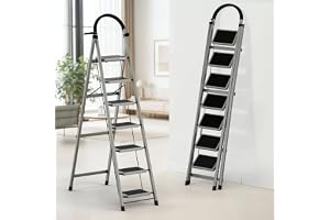 BUILDSKILL Ladder for Home 7 Steps Foldable with Built-in Tool Tray | Heavy Duty D Shape Rods | 20 x 30cm Large Platform | Wide Rubber Feet | Secure Lock | 150Kg Capacity - 5 Years Warranty