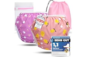 ‎KIDVERSE KIDVERSE 2er Set Schwimmwindel Baby 0-3 Jahre - Hautfreundliche Schwimmwindeln wiederverwendbar & saugstark - Baby Schwimmwindel mit Tasche & Wäschenetz (Zitronen & lila Blumen 2er)