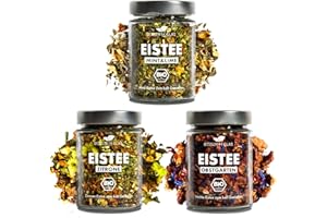 ‎BESSER IM GLAS Besser im Glas Bio Eistee Geschenkset „Zitrone“, Obstgarten" & "Mint&Lime" | Tee Set 150 Portionen natürlich süß, ohne Kalorien | Kalter Tee ohne Zucker | Eistee Geschenk lose ohne Beutel