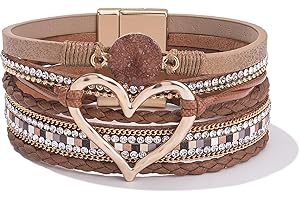 SIXDUTON Bracelet Enroulé En Cuir Multicouche Pour Femmes, Bracelet Manchette Bohème En Forme De Cœur avec boucle magnétique Pour Filles