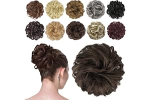 FESHFEN Moños Postizos Coleteros Pelo Mujer Postizos de Pelo Natural Rizado Ondulado Postizos Moño y Coletas Sintético Extensiones de Cabello, 42 g Castaño Cálido