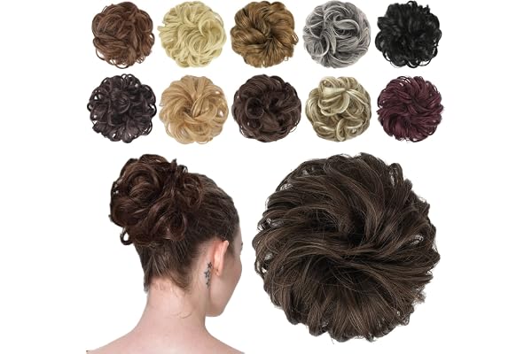 FESHFEN Chignon Postiche Cheveux, Postiches Ondulés Chouchou Cheveux Bouclés Naturel Synthétique Faux Chignon Extension Elastique pour Femme, Brune Chaud 42g
