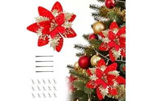 AONAT 12 Pièces 14CM Fleurs de Noël Poinsettia Fleurs Artificielles Arbre de Noël Ornements avec Clips, Fleur de Noëls à Paillettes, Noëls Décoration pour Mariage, Fête, Noel (Rouge Or)